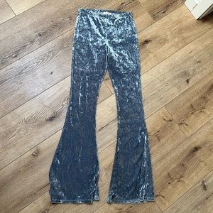 Blue Crushed Velvet Bell Bottom Flare Pants